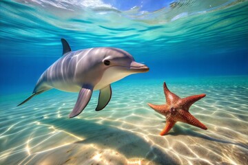 Wall Mural - Dolphin swimming in clear water with starfish below