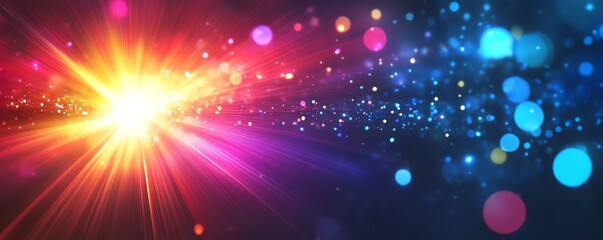 Vibrant abstract light burst with colorful bokeh and lens flare effects, perfect for festive or celebratory backgrounds.