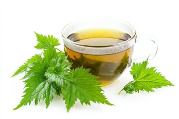 Nettle tea, side view with green herbal infusion and fresh nettle leaves, realistic photography, isolated on white background