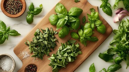 A creative flat lay of various basil varieties, such as Thai basil and sweet basil, alongside other herbs and spices on a wooden cutting board.