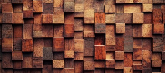 Canvas Print - Block stack of wooden 3D cubes on the wall for background banner panorama - Brown wood texture as a backdrop or wallpaper