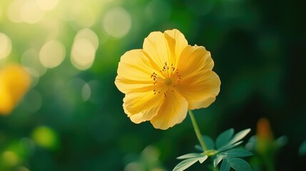 Canvas Print - Close up view of a bright yellow summer flower illuminated by sunlight featuring a softly blurred green backdrop