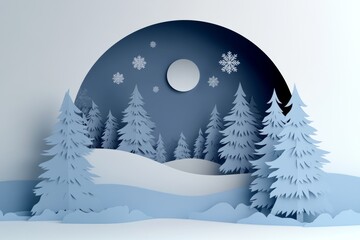 Poster - With snow and a merry Christmas tree. Paper art style. Christmas paper decorations in white and blue.