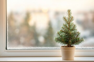 Wall Mural - With a small Christmas tree and wooden picture frame at the back, decorate the counter by the window with a Christmas event