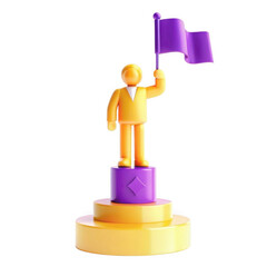 Poster - A colorful 3D trophy icon featuring a stylized figure holding a purple flag atop yellow podium tiers, symbolizing achievement and victory.