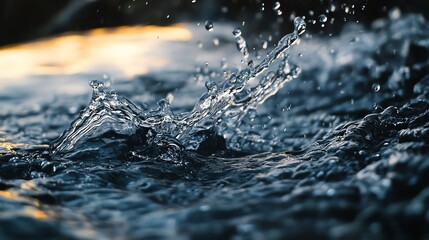 A close-up capture of a water splash creating ripples, showcasing the beauty and movement of nature in serene light.