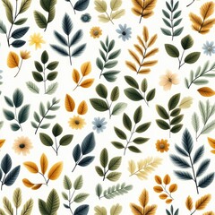 A beautiful seamless pattern featuring various leaves and flowers in vibrant colors. Perfect for backgrounds or textile designs.