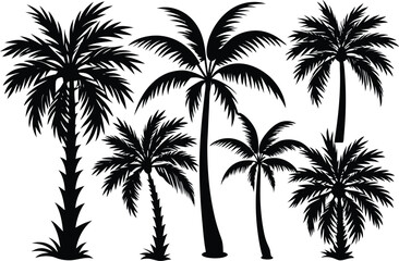 Set of Palm tree vector art silhouette style with a white background.