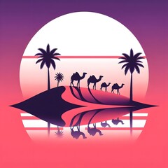 A sunset with mountains and palm trees wallpaper 