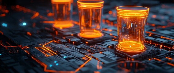 Poster - A 3D render of a circuit board illustrating futuristic technology. Dark wallpaper with yellow lines. Circuit board digital glowing.