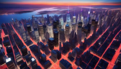 Wall Mural - Nighttime aerial view of a vibrant cityscape illuminated by skyscrapers and colorful lights creating a stunning urban skyline