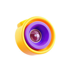 Poster - A vibrant yellow and purple toy lens is displayed against a black background, showcasing its playful design and shiny glass, perfect for imaginative play.