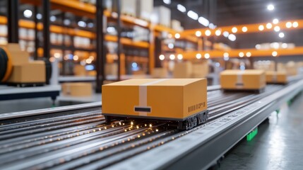 A modern automated warehouse with robotic systems sorting and distributing packages efficiently along conveyor belts.