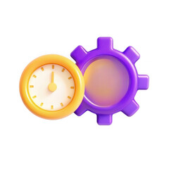 Poster - A vibrant 3D rendering of a clock and a gear icon. The clock, in yellow, has a white face and a prominent hand. The gear is purple and featured alongside the clock.