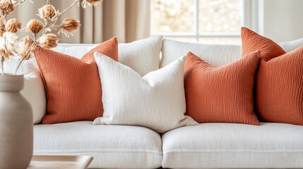 Poster - A warm and inviting fabric sofa features an arrangement of decorative pillows in a modern French country living room, showcasing a stylish and comfortable design