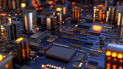 Poster - In a modern factory, a circuit board close-up with microchips and electronic components is displayed with selective focus. Toned 3D rendering. Stock image.