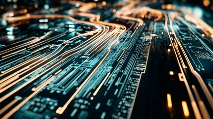 Poster - Close-up of a modern circuit board with microchips and electronic components. Toned 3D rendering image. Stock image.