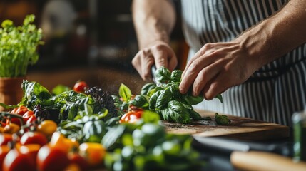 A rustic kitchen scene featuring a chef finely chopping fresh basil, with a variety of colorful vegetables and herbs in the background.