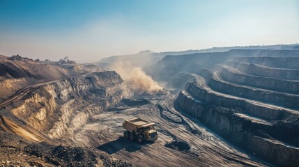 A sprawling open-pit mine with layers of rock exposed, heavy machinery at work, and dust clouds rising into the air under a clear blue sky.