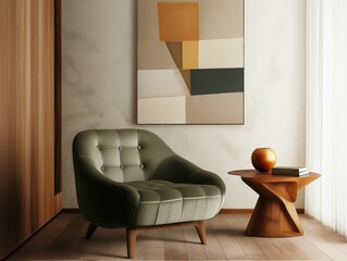 Wall Mural - A stylish mid-century living room with a unique armchair and contemporary artwork on the wall