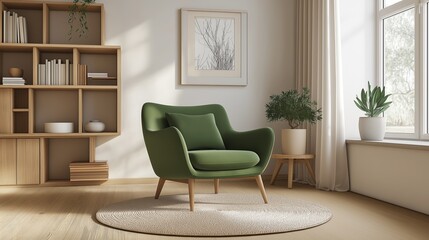 Wall Mural - A mid-century living room with a green armchair, plants, and wooden shelves feels warm