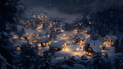 Wall Mural - a snow-covered village at night with holiday lights