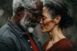 © CogniLens - Portrait of a tender mixed race couple in their 60s standing face to face having intimate romantic moment