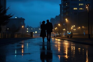 Canvas Print - Couple walking silhouette photography sunset city infrastructure.