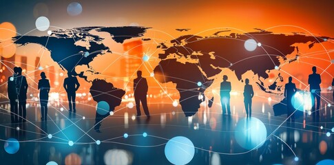 Poster - Connecting paths. Digital city of business. Diverse groups of individuals embark on journey of connectivity. Shadows of innovation and web of possibilities.