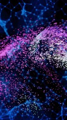 Poster - Plexus background and small bright particles flying and forming a cloud. Animation. Connected triangles of blue color and pink, orange gradient space dust.