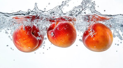 Wall Mural - A few orange peaches suspended mid-splash in water, creating vibrant contrasts against a white background.