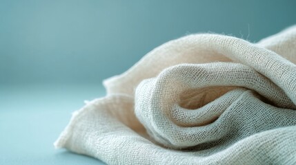 Poster - A folded piece of linen fabric reveals its natural texture in a visually soothing arrangement against a light pastel blue backdrop, enhancing its elegance