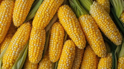 A heap of fresh corn, glistening with water droplets, showing their bright yellow kernels in high detail.