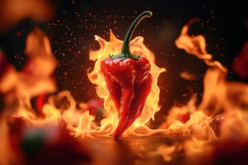 Carolina reaper chilli pepper on fire. Hot spicy food. Ai generative