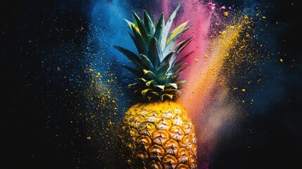 Canvas Print - A pineapple bursts with colored powder, creating a dynamic splash of hues against a contrasting dark backdrop.