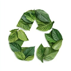 A creative arrangement of green leaves forming a recycling symbol, representing sustainability and environmental awareness.