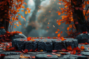 Poster - 3D stone podium on autumnal park background, stand for product advertisements