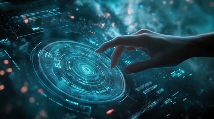 a close-up of a hand interacting with a futuristic holographic interface in blue tones.