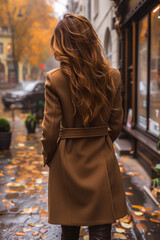 Wall Mural - Brunette woman dressed in warm brown coat, knitted sweater walking in the autumnal city