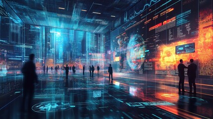 Poster - Futuristic Trading Floor Holographic Data Visualization