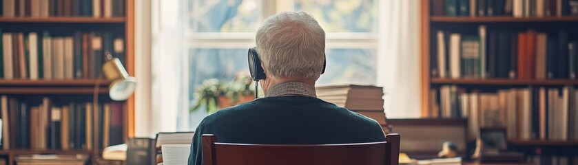 Elderly Man Reading in Library Surrounded by Bookshelves