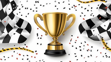 A gold trophy cup on a white background with black and white checkered flags and confetti.