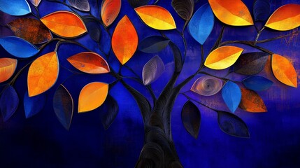 Wall Mural - An elegant colorful tree with vibrant leaves hanging from its branches. An abstract wallpaper in 3D.