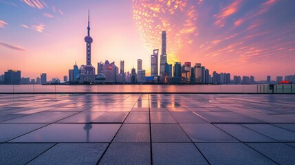 Wall Mural - Empty square floor and city skyline with buildings in Shanghai at sunset, China. 