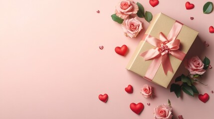 A beautifully wrapped gift box with pink roses and heart-shaped decorations, creating a romantic and festive atmosphere.