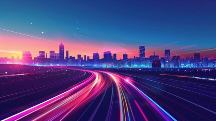 Wall Mural - Future city on a horizon with highway road fast going to it vector abstract background, metropolis skyline with speed highway, road to town. 