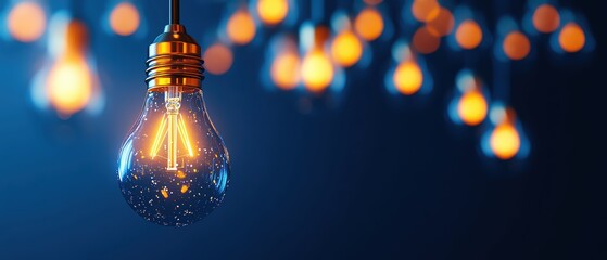 Poster - Hanging light bulbs glowing against a dark blue background, creating a warm ambiance.