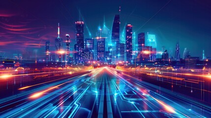 Futuristic city. Cityscape on a bright background with glowing neon lights. Wide highway front view. Cyberpunk and retro wave style illustration. 