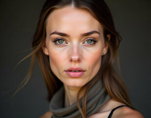 A young model woman with long brown hair, blue eyes, and full lips. She has a serious, pensive expression on her face, studio shot, grey background