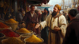 Oil painting, sailor, bargaining, spices, silk road port, interactions, historical art, rich textures, exotic aromas, ancient commerce, trade winds. Silk Road Traders. Illustration